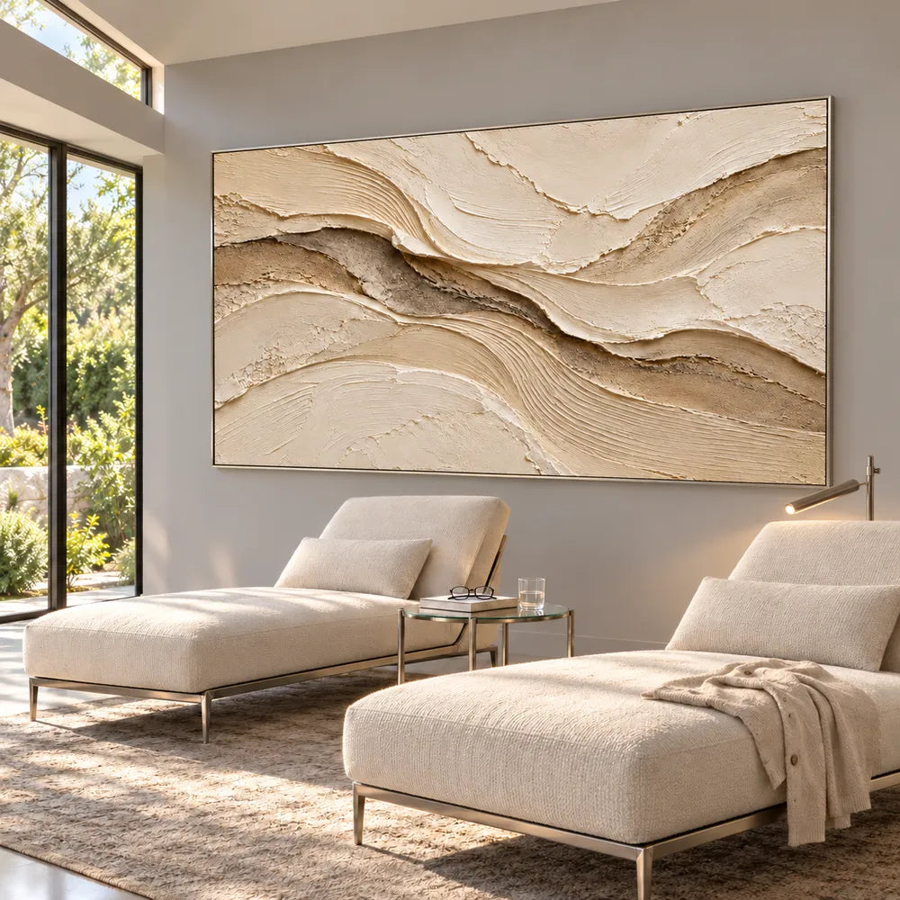 Beige Hand-Painted 3D Textured Oil Painting, Sweeping Layered Wave Abstract #6YZ3XFNK