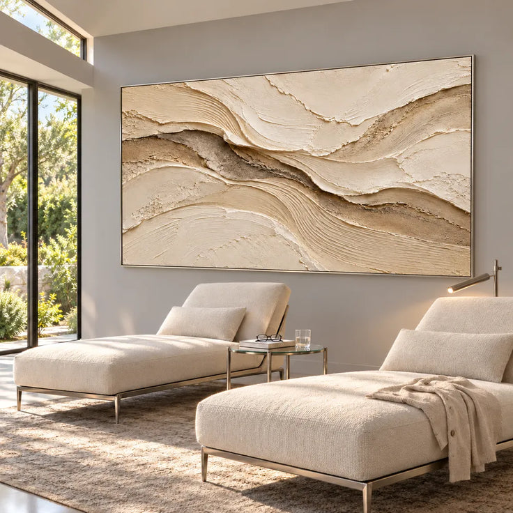Beige Hand-Painted 3D Textured Oil Painting, Sweeping Layered Wave Abstract #6YZ3XFNK