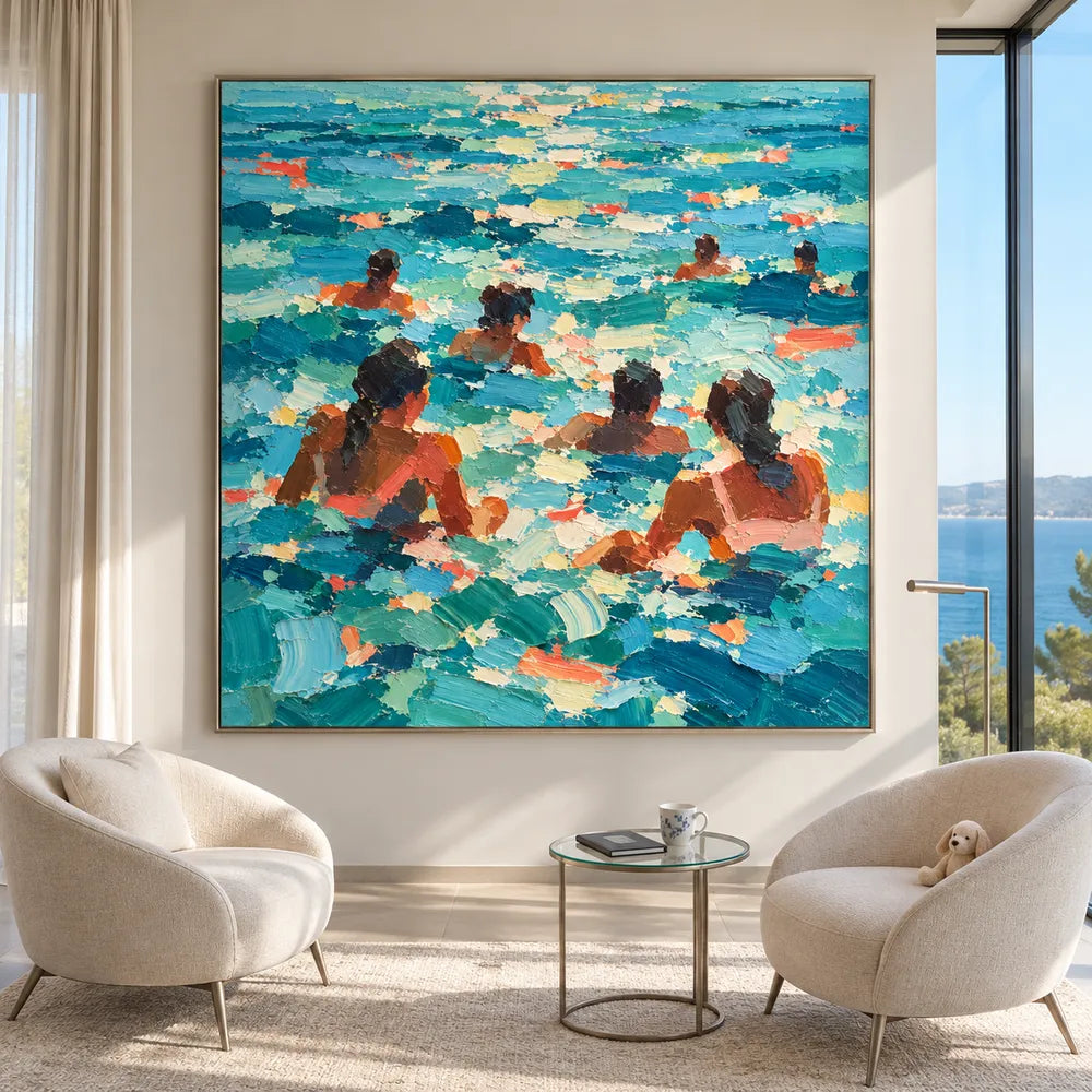 Turquoise Blue Hand-Painted Oil Painting, Seven Swimmers in Sunlit Water #2RV5N5Z4