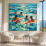 Turquoise Blue Hand-Painted Oil Painting, Seven Swimmers in Sunlit Water #2RV5N5Z4