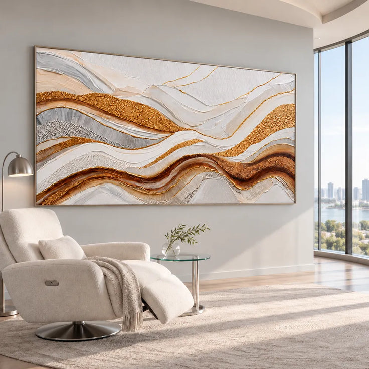 Ivory Gold Hand-Painted 3D Textured Oil Painting, Undulating Bands Wall Art #B19FJV18
