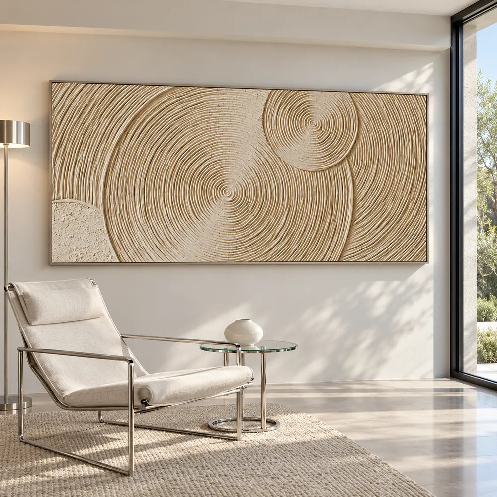 Beige Hand-Painted 3D Textured Oil Painting, Concentric Circles Wall Art #JMOPNPCU