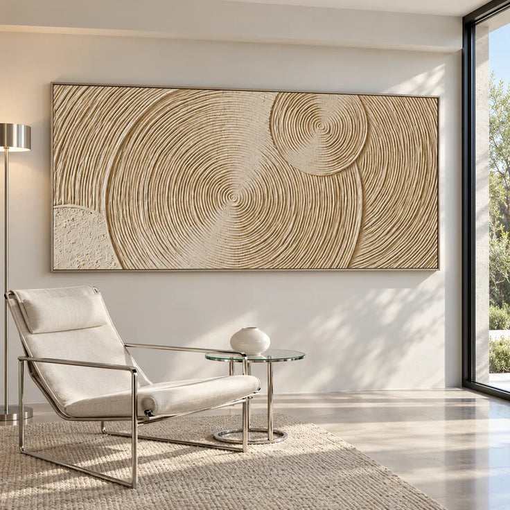 Beige Hand-Painted 3D Textured Oil Painting, Concentric Circles Wall Art #JMOPNPCU
