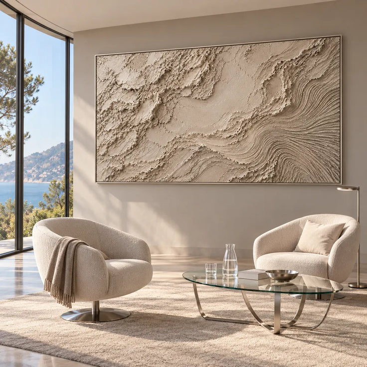 Beige Hand-Painted 3D Textured Oil Painting, Rough Layers and Combed Curves Abstract #IK9DA1WL