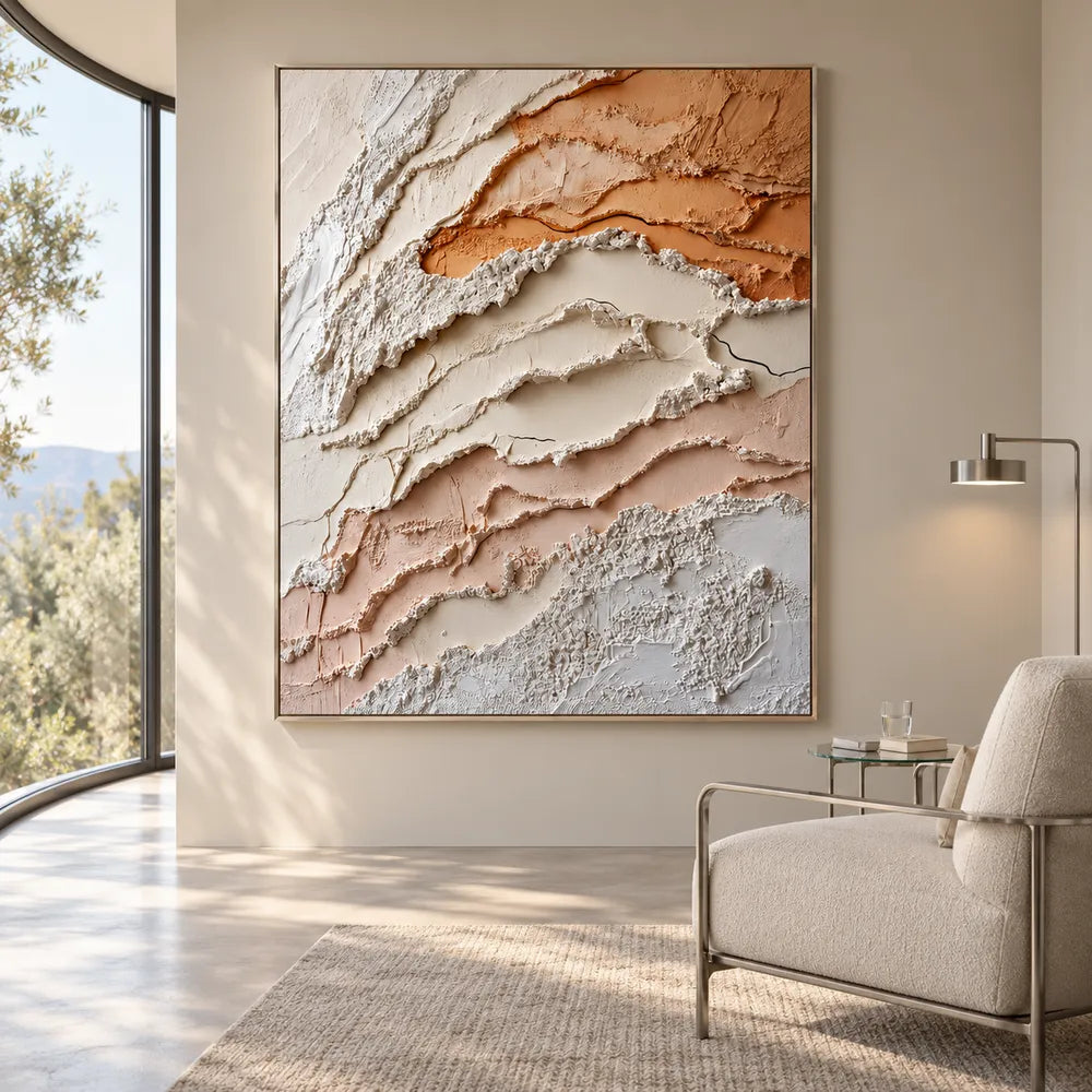Ivory and Peach Hand-Painted 3D Textured Oil Painting, Layered Organic Abstract #QOJT9JV1