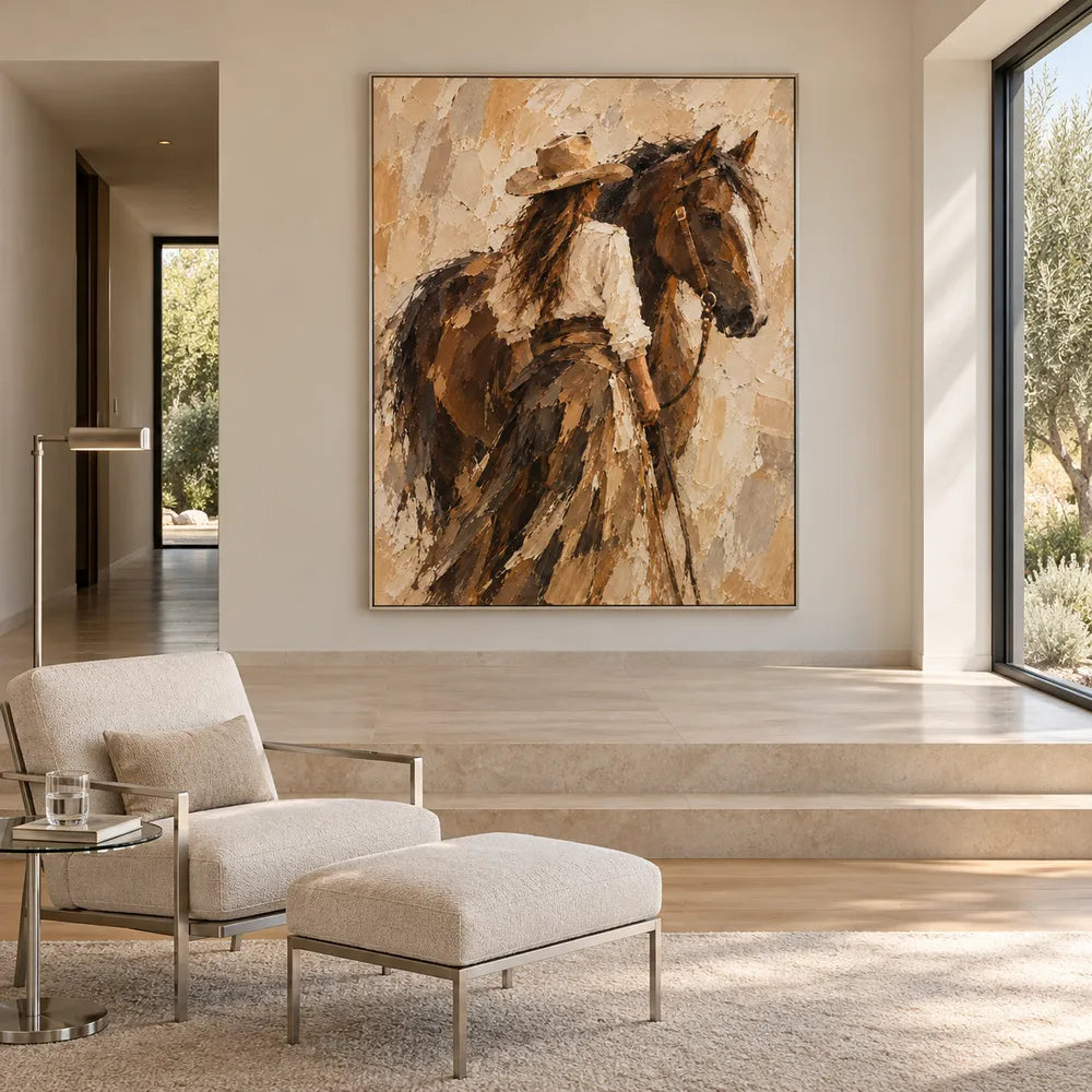 Brown and Cream Hand-Painted Oil Painting, Cowgirl Beside a Horse #JD6LI4AH