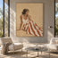 Beige Hand-Painted Oil Painting, Seated Woman with Rust and Ivory Striped Skirt #8OJBHZ91