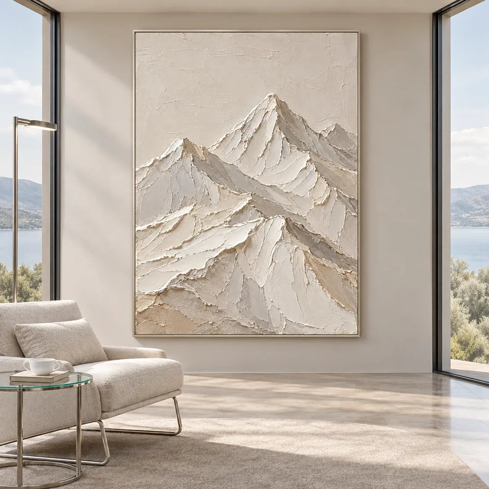 Ivory Hand-Painted 3D Textured Oil Painting, Minimal Mountain Peaks #SUBDFZDI
