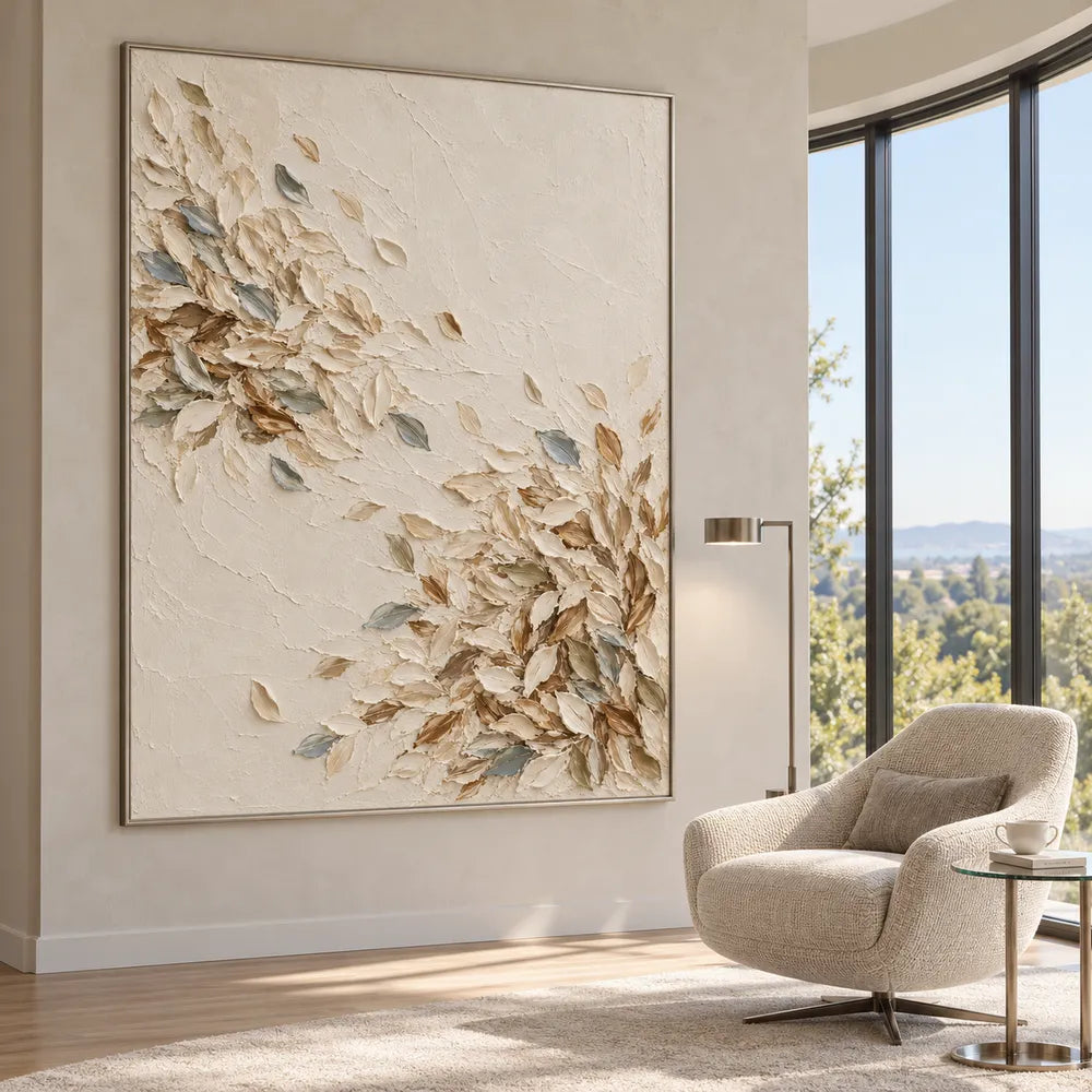 Cream Hand-Painted Oil Painting, Sweeping Leaves with Muted Blue Accents #03M1QDNU
