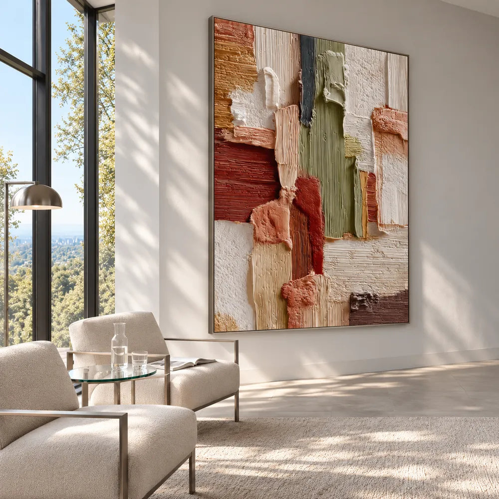 Earth-Tone Hand-Painted 3D Textured Oil Painting, Terracotta & Olive Color-Block Abstract Wall Art #I1ML7OIB