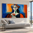 Blue and Orange Hand-Painted Oil Painting, Geometric Woman Holding Flowers #RWCVBPGR