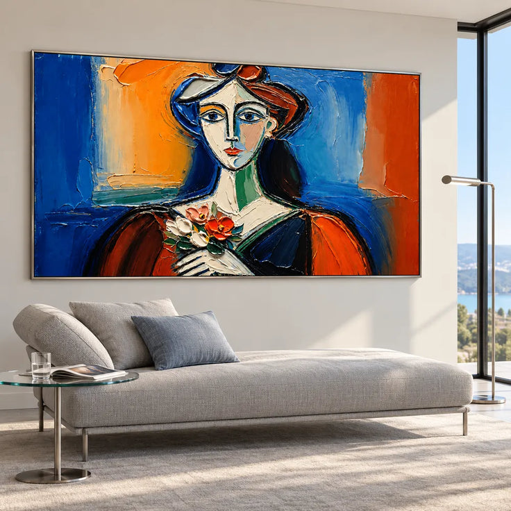 Blue and Orange Hand-Painted Oil Painting, Geometric Woman Holding Flowers #RWCVBPGR