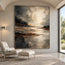 Charcoal and Cream Hand-Painted Oil Painting, Abstract Luminous Shore #AMXNLXWV