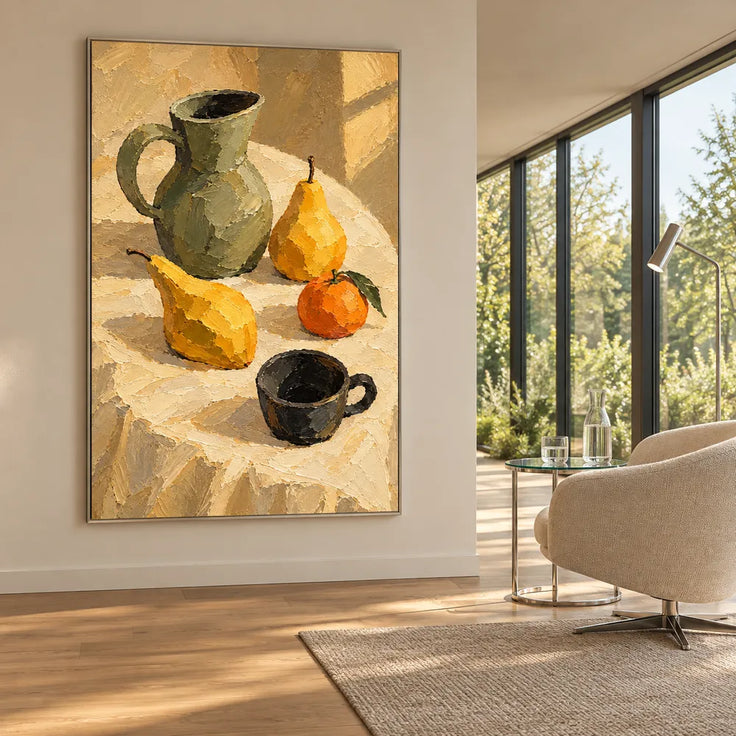 Yellow Hand-Painted Oil Painting, Pears and a Green Pitcher in Sunlight #D50B9HBJ