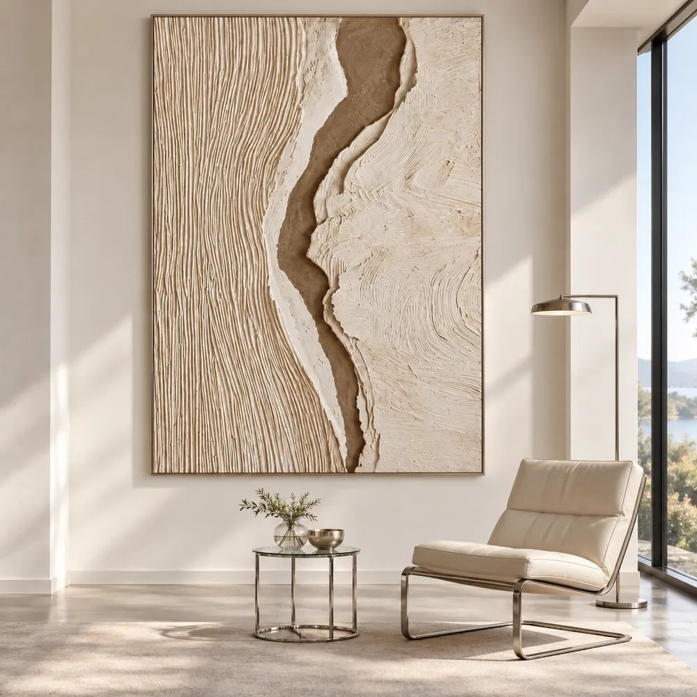 Cream Taupe Hand-Painted 3D Textured Oil Painting, Central Ravine Wall Art #8OE57EYP