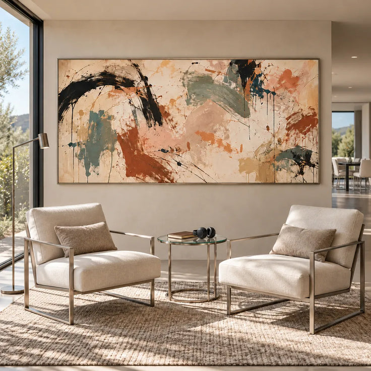 Beige Hand-Painted Oil Painting, Black Arcs and Sage Abstract #HRPVAO7I
