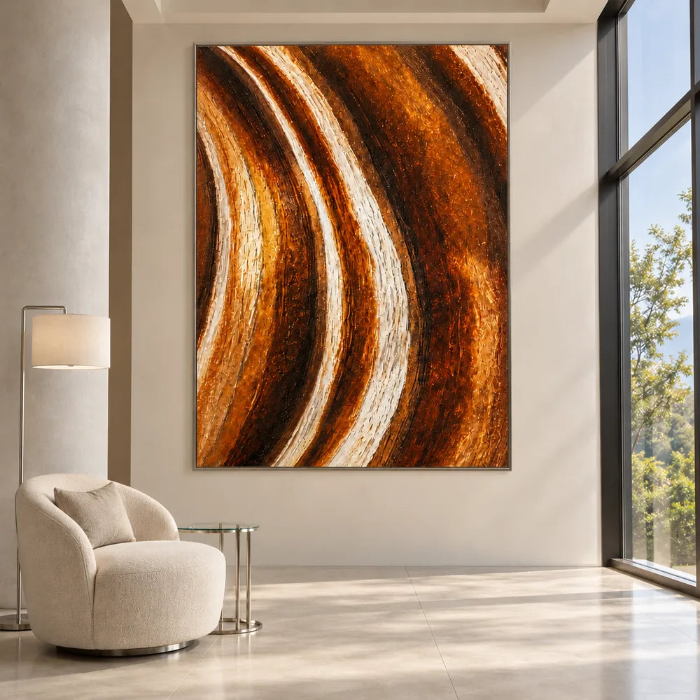 Amber Brown Hand-Painted 3D Textured Oil Painting, Flowing Streaks Wall Art #77Z7AGGF