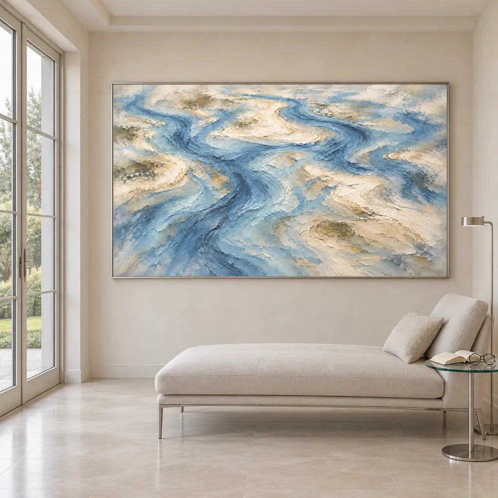 Blue Hand-Painted Oil Painting, Winding Channels and Pale Banks #B0XLQNVH