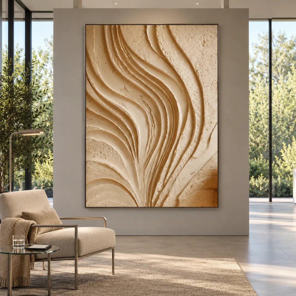 Cream Hand-Painted 3D Textured Oil Painting, Flowing Ribbon Abstract #3SILN1UH