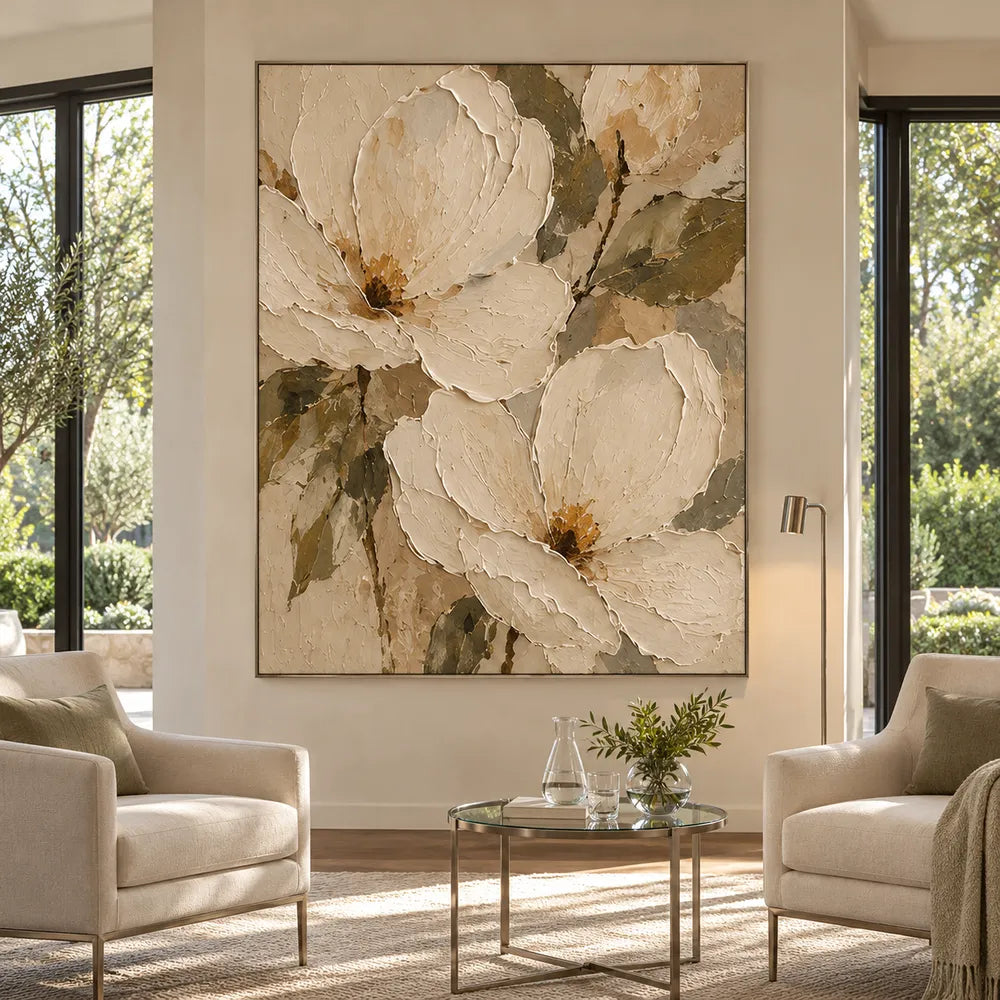 Cream Hand-Painted Oil Painting, Oversized Floral Blooms and Olive Leaves #NT8H5PRP