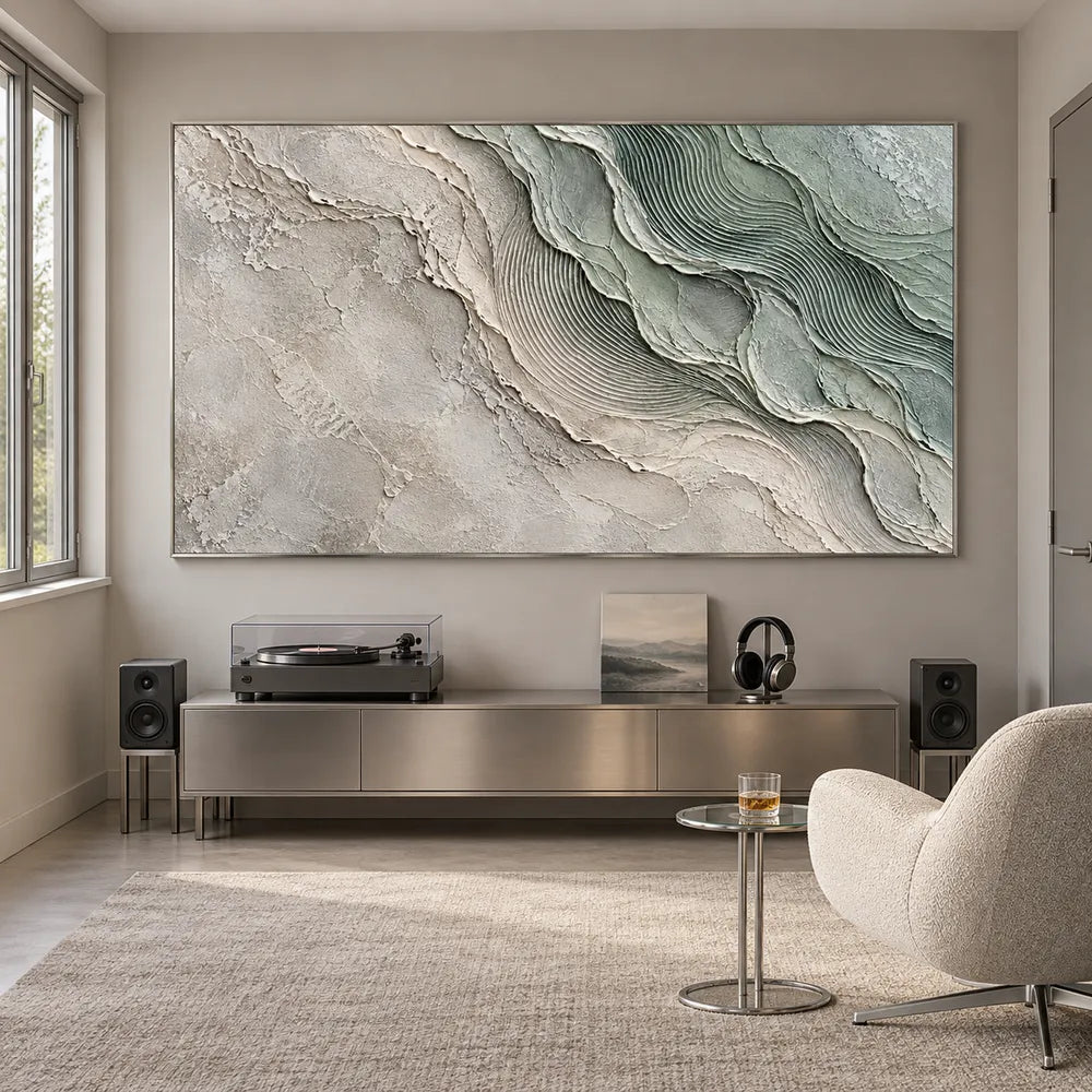 Sage and White Hand-Painted Oil Painting, Flowing Fine-Line Contours #HX2DO6GI