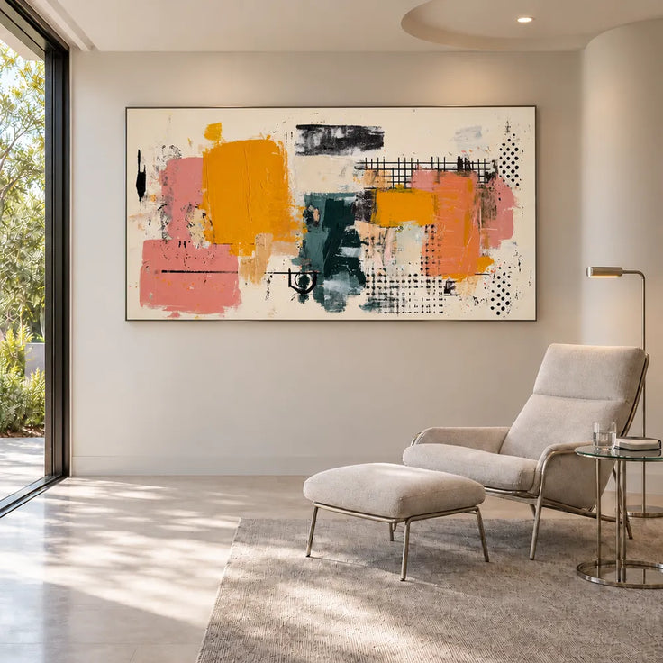 Mustard and Pink Hand-Painted Oil Painting, Graphic Abstract #05NDDBLI