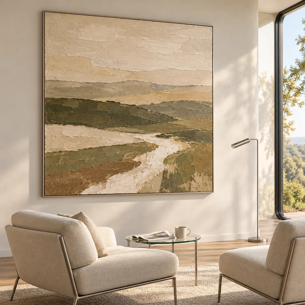 Earth-Tone Hand-Painted Oil Painting, Winding Path Through Layered Hills #6Y6LMHCQ