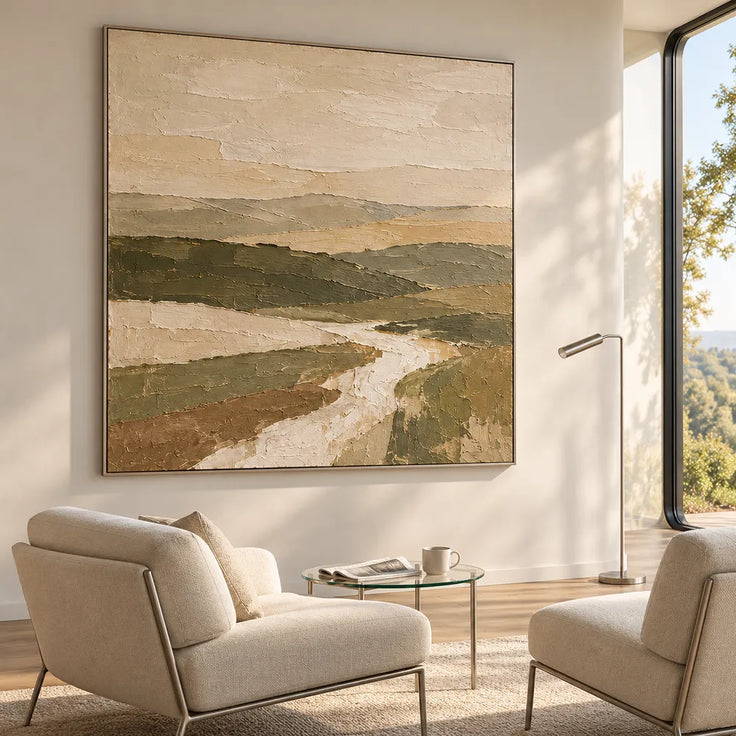 Earth-Tone Hand-Painted Oil Painting, Winding Path Through Layered Hills #6Y6LMHCQ
