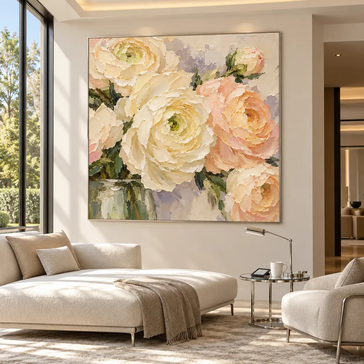 Cream Hand-Painted Oil Painting, Close-Up Peach and Ivory Flowers #22T3QUTE