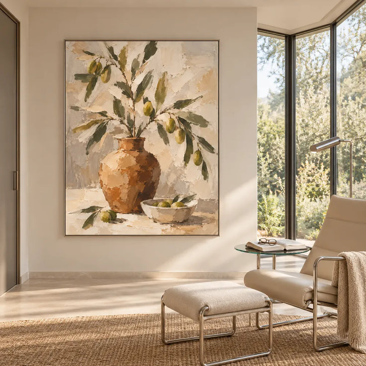 Earth-Tone Hand-Painted Oil Painting, Fruiting Branches in an Ochre Vase #U8CNUSTV