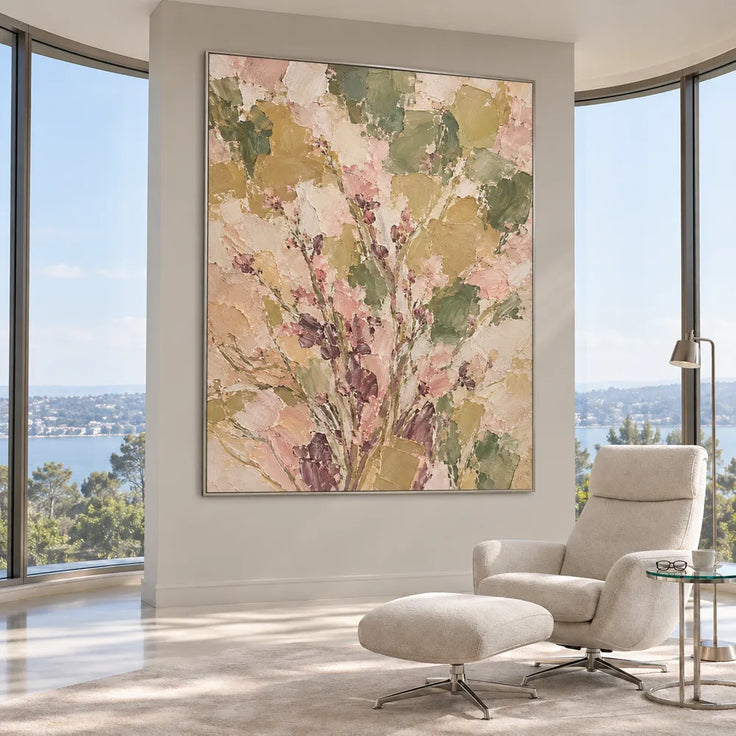 Sage and Blush Hand-Painted Oil Painting, Rising Floral Sprigs #FRM3RQIN