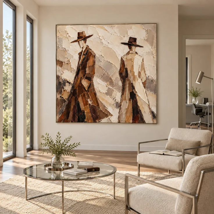 Earth-Tone Hand-Painted Oil Painting, Two Figures in Wide-Brim Hats #AROVDTOR