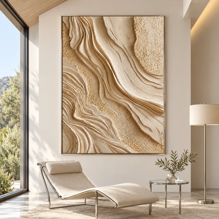 Beige Hand-Painted 3D Textured Oil Painting, Layered Contours Wall Art #CVIFU9CW