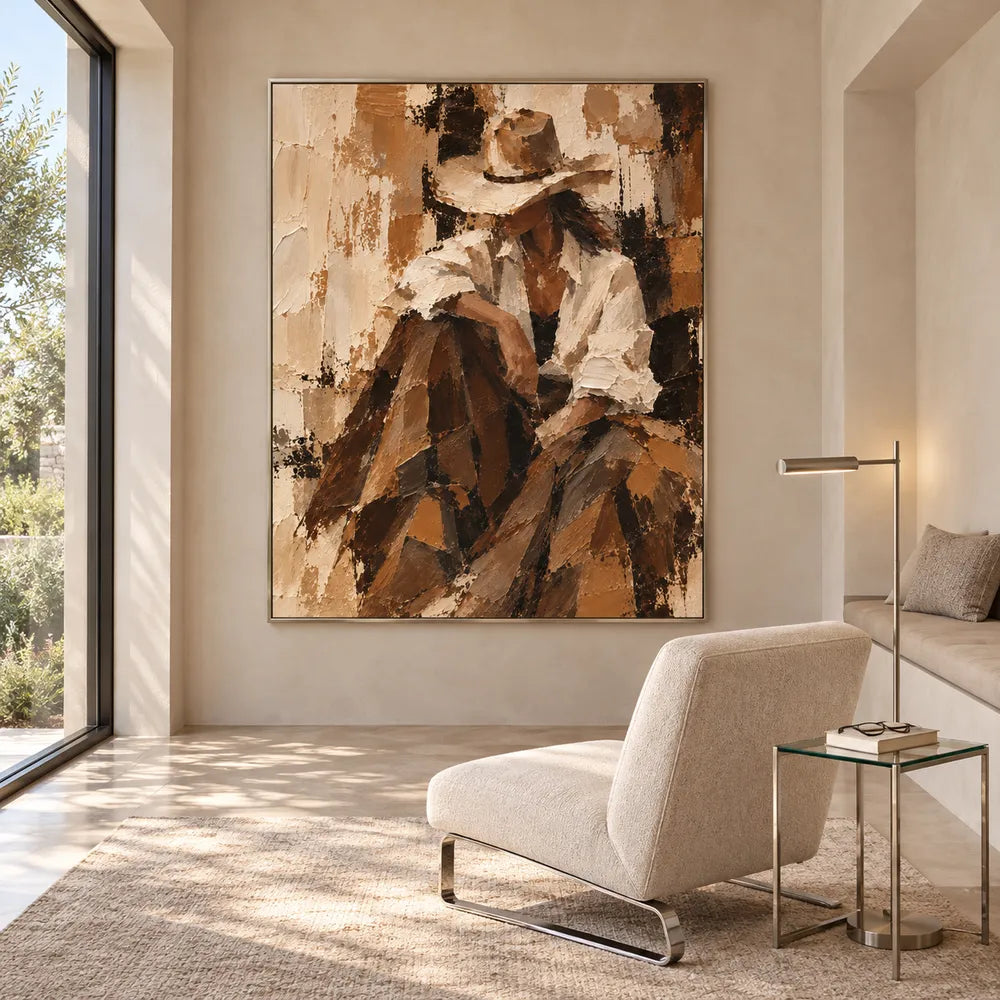 Brown and Cream Hand-Painted Oil Painting, Seated Cowgirl Portrait #E9CV57YO