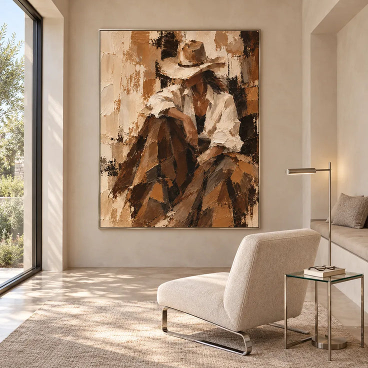 Brown and Cream Hand-Painted Oil Painting, Seated Cowgirl Portrait #E9CV57YO