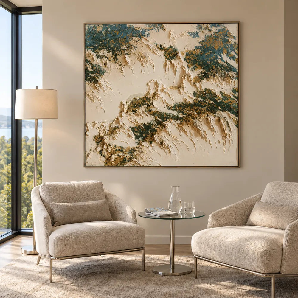 Cream and Deep Green Hand-Painted Oil Painting, Organic Abstract Forms #R1E3GSYK