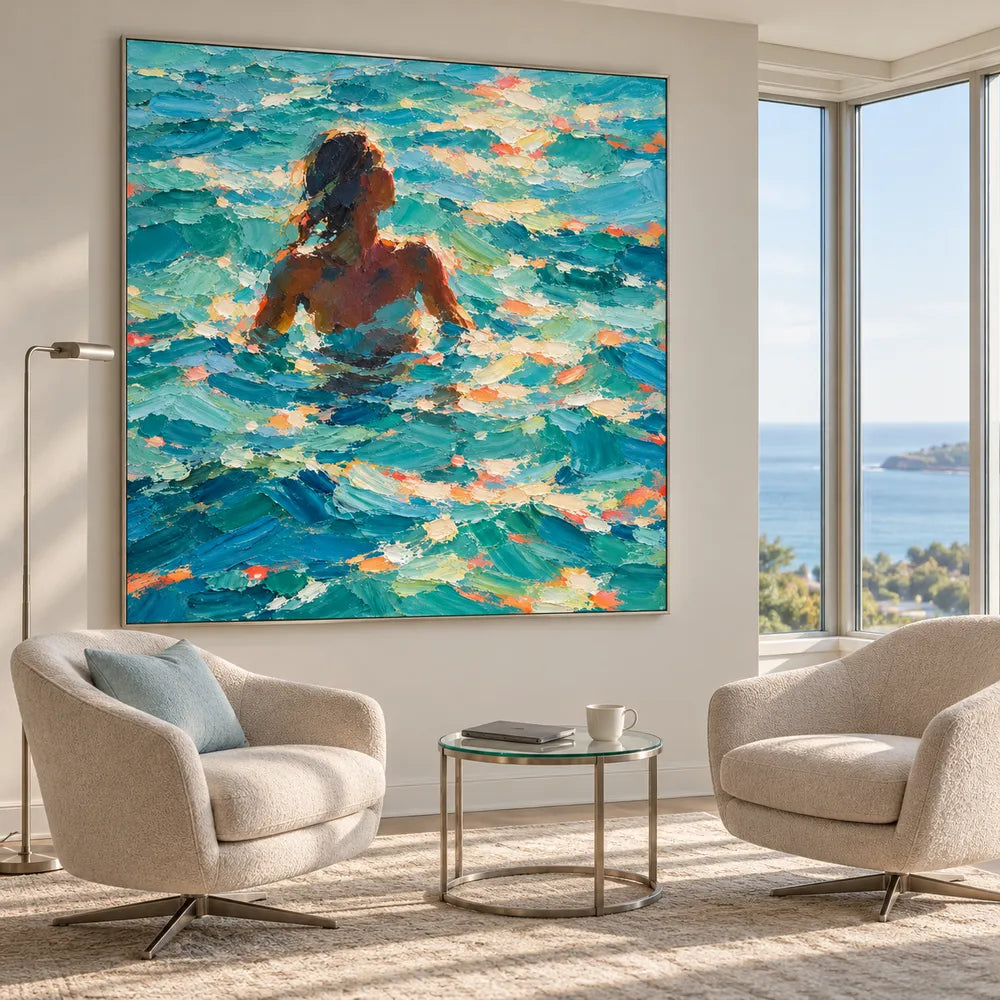 Blue Hand-Painted Oil Painting, Woman Among Sunlit Waves #ZO0LS4XT