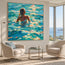 Blue Hand-Painted Oil Painting, Woman Among Sunlit Waves #ZO0LS4XT