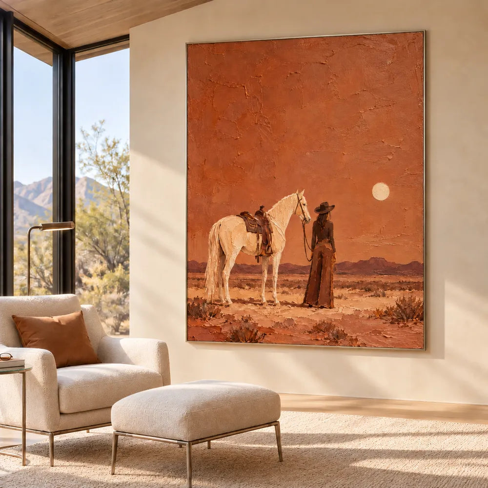 Rust Orange Hand-Painted Oil Painting, Cowgirl and White Horse in the Desert #209BR44A