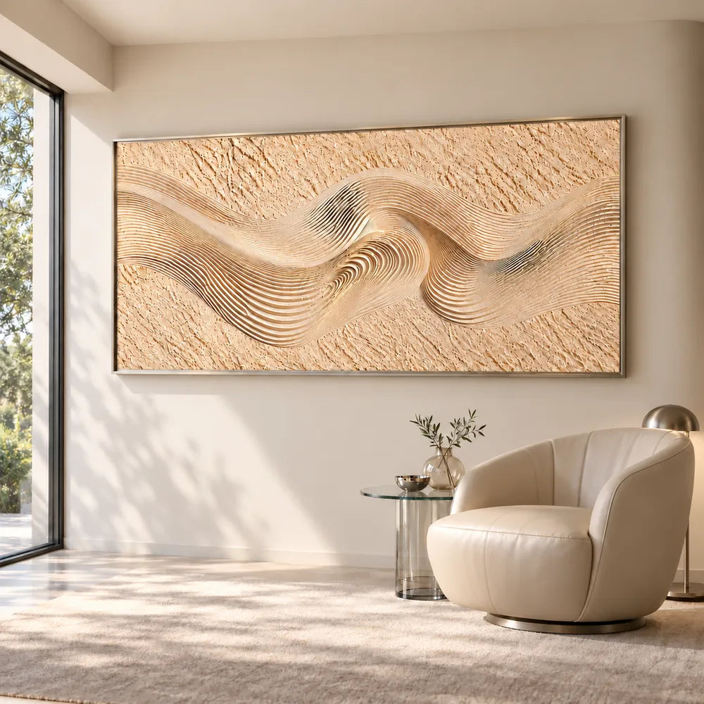 Sand Cream Hand-Painted 3D Textured Oil Painting, Ribbon Wave Wall Art #UOHF8DXB
