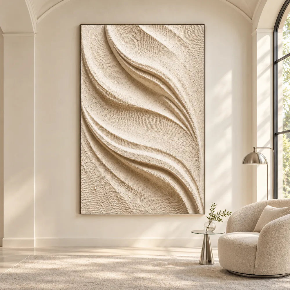 Ivory Hand-Painted 3D Textured Oil Painting, Sweeping Folds Wall Art #VZQ7TCW3