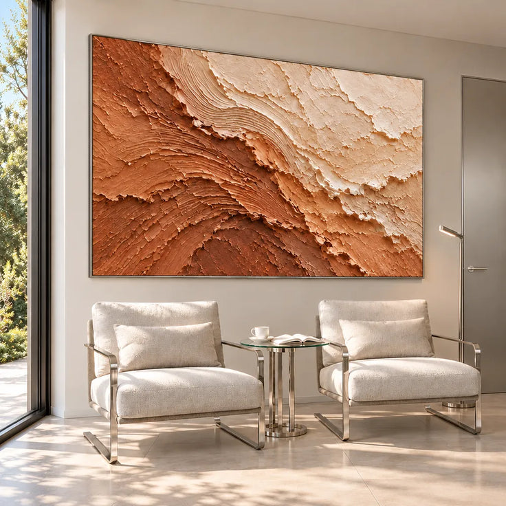Terracotta and Cream Hand-Painted 3D Textured Oil Painting, Undulating Relief #3MEDZXWX