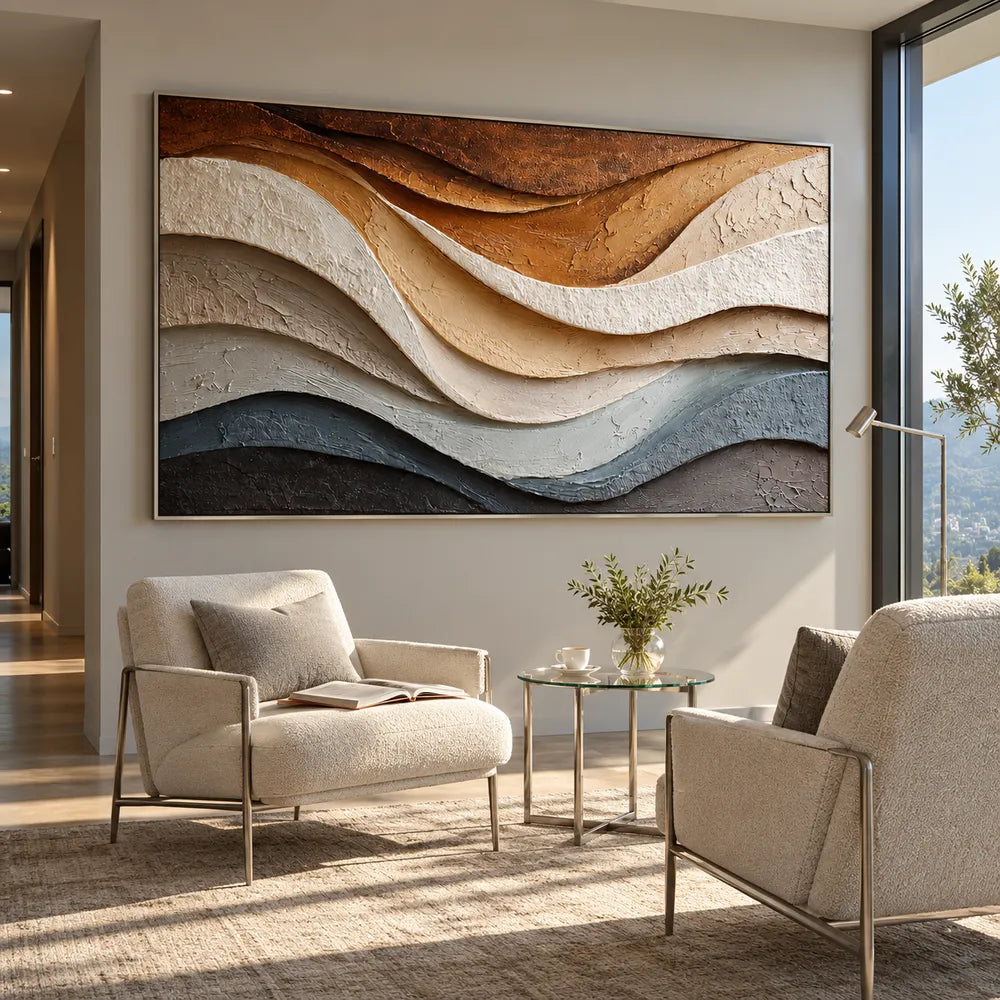 Earth-Tone Hand-Painted 3D Textured Oil Painting, Flowing Cream and Blue-Gray Strata #JP1L0E1K