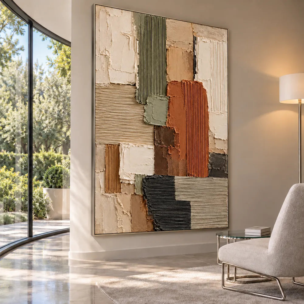 Earth Tone Hand-Painted 3D Textured Oil Painting, Ribbed Geometric Blocks #TDILGEWQ