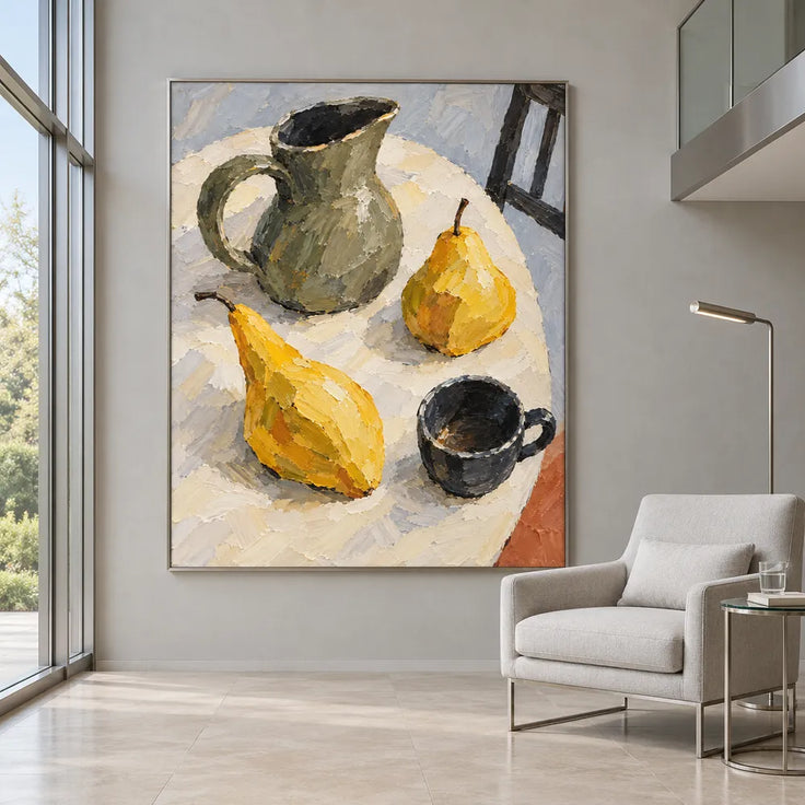 Yellow Hand-Painted Oil Painting, Two Pears with a Green Pitcher #O1ILENI2