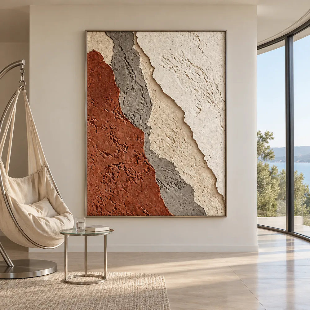 Ivory and Rust Hand-Painted 3D Textured Oil Painting, Diagonal Layered Abstract #6XM3ALEN
