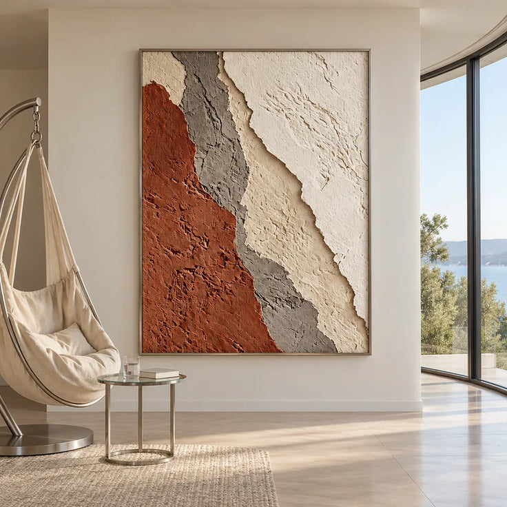 Ivory and Rust Hand-Painted 3D Textured Oil Painting, Diagonal Layered Abstract #6XM3ALEN