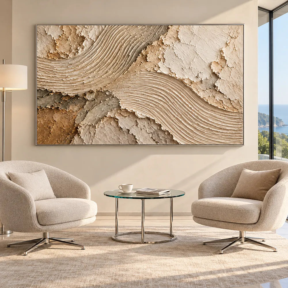 Cream and Taupe Hand-Painted 3D Textured Oil Painting, Flowing Ribbed Arcs #7BXB8EQJ