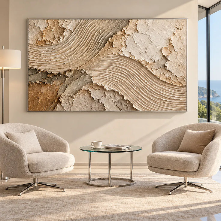 Cream and Taupe Hand-Painted 3D Textured Oil Painting, Flowing Ribbed Arcs #7BXB8EQJ
