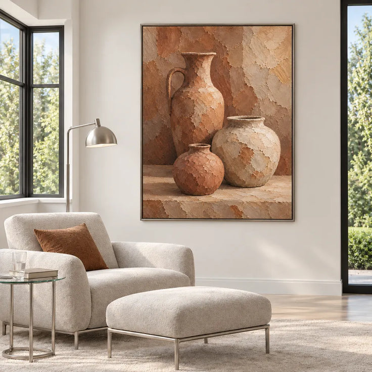 Terracotta Hand-Painted Oil Painting, Three Vessels on a Warm Ledge #ON3VRP1O